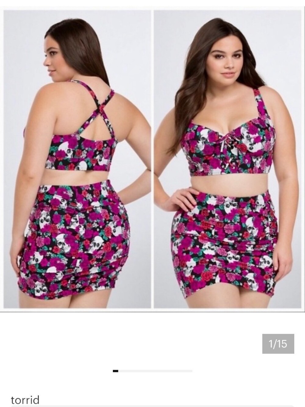 TORRID 2 Pieces Skulls Roses Floral Swimsuit Top & Skirt 1x